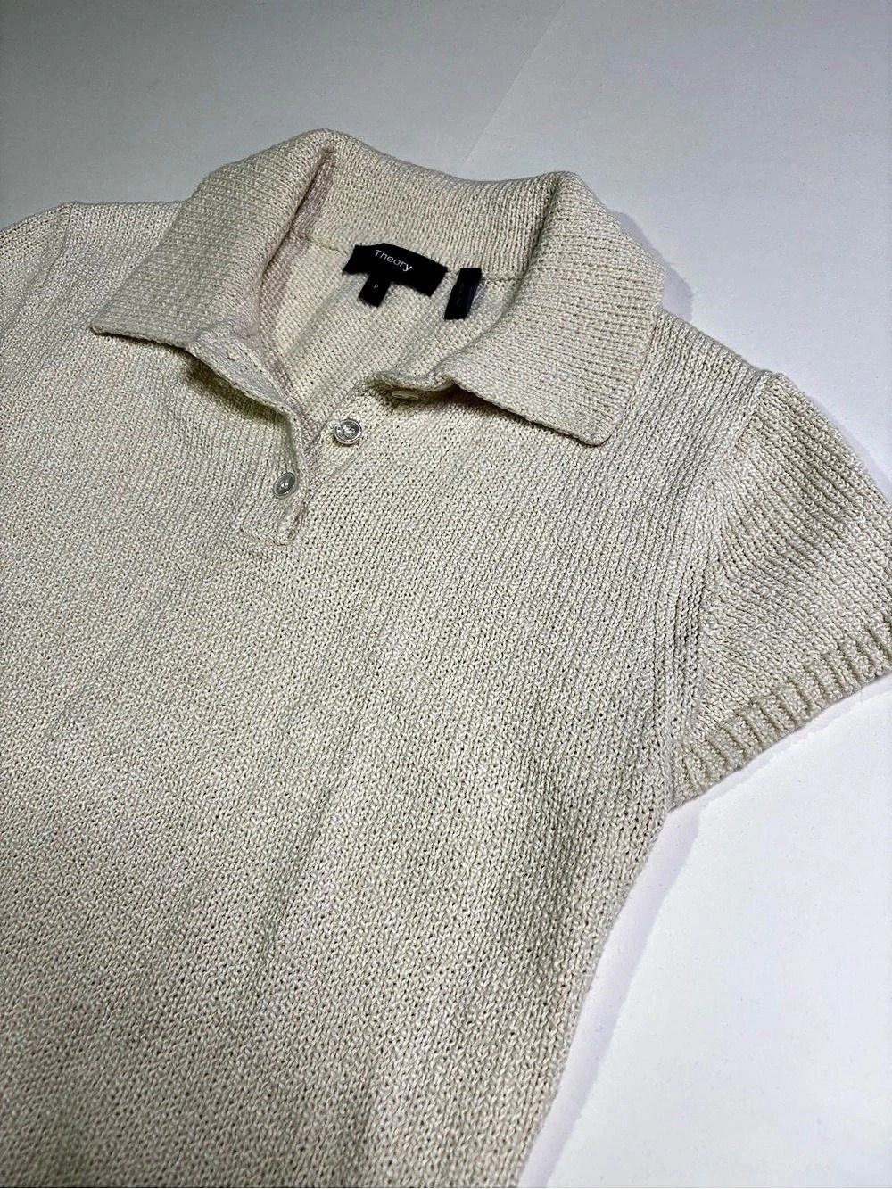 Theory Short Sleeve Cream Knit Polo Sweater- Fall Sweater- Small